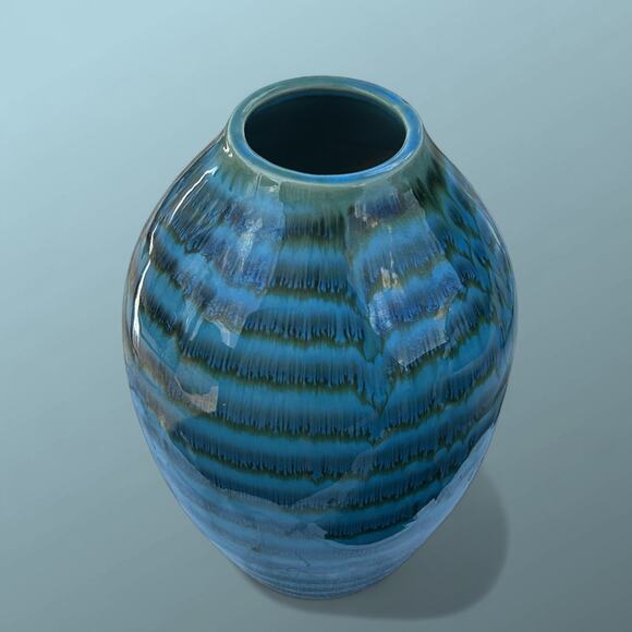 Pair of Vintage Mid Century Blue Stripe Glazed Ceramic Vase-Blue-Round-Handmade - Picture 3 of 4